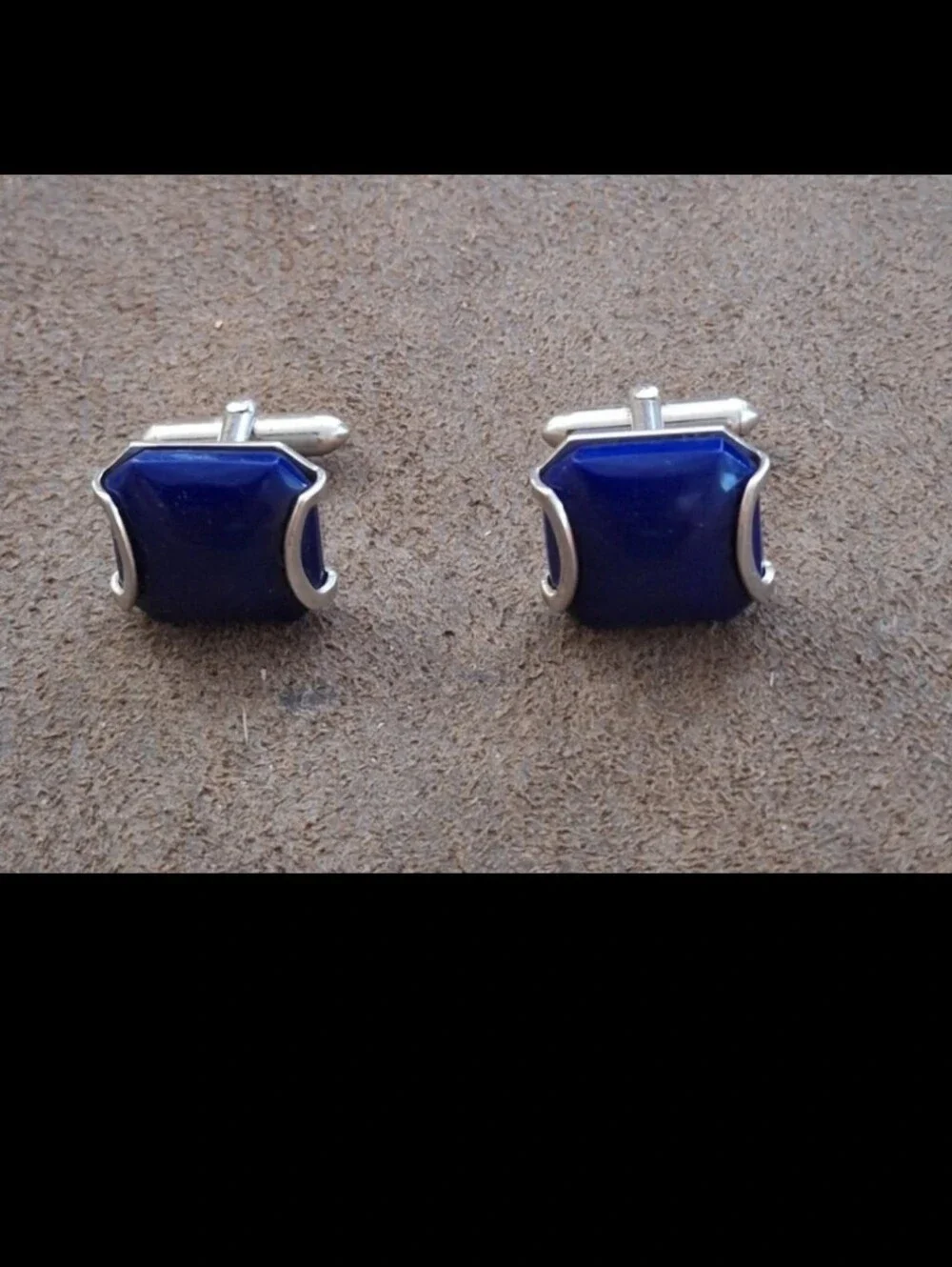 Exquisite Rare HTF Vintage Mid Century Silver Frame Swank Blue Glass Cufflinks